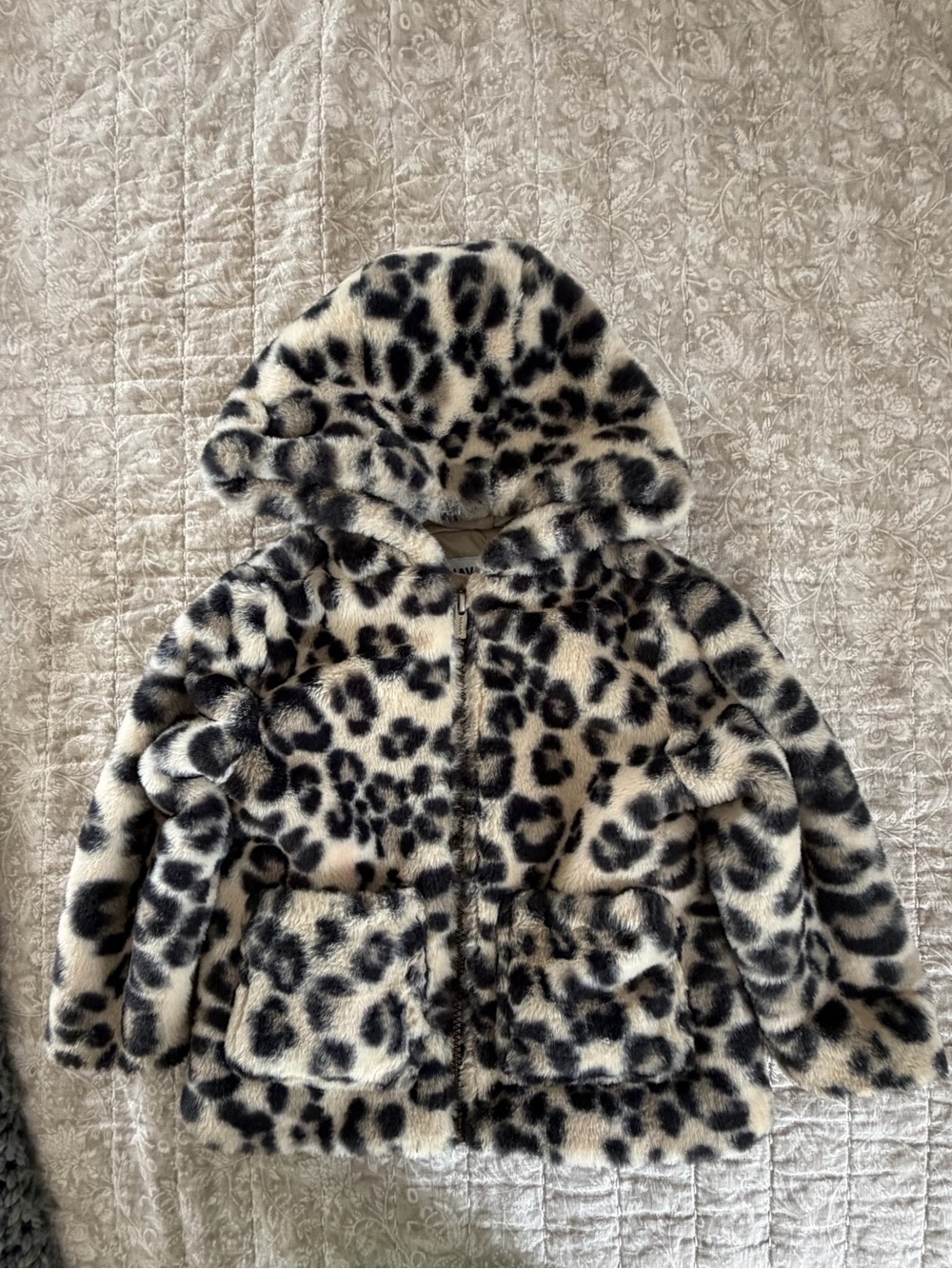 Old Navy Kids Faux Fur Leopard Hooded Coat - Black & Cream